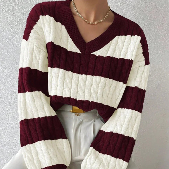 Red Violet Casual Women's Two Tone Cable Knit Drop Shoulder Sweater - Picture 1 of 6